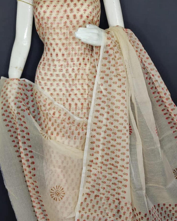 Pure Cotton Kota Doriya Printed Unstitched Suit With Kota Doriya Dupatta.