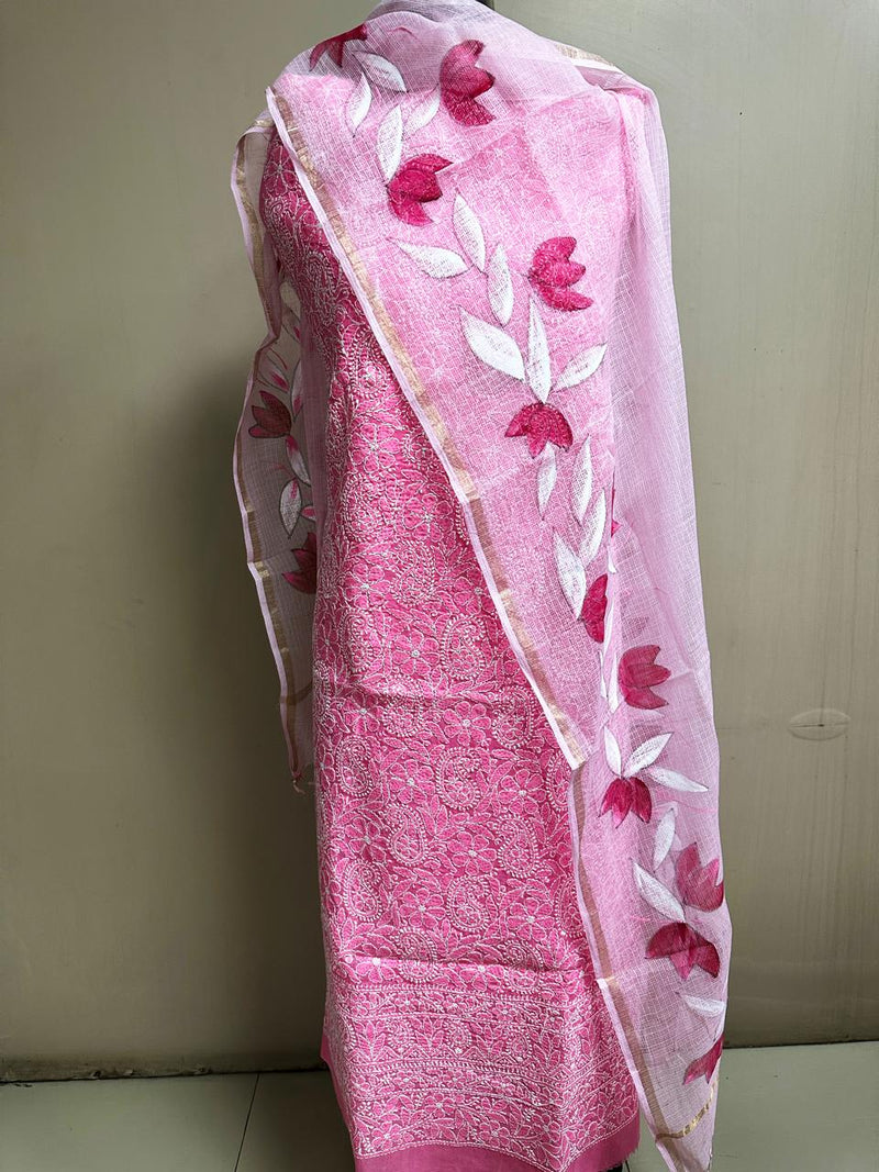 Pure Cotton Chikankari Unstitched Suit with Kota Doria Hand Painted Dupatta | NO BOTTOM|