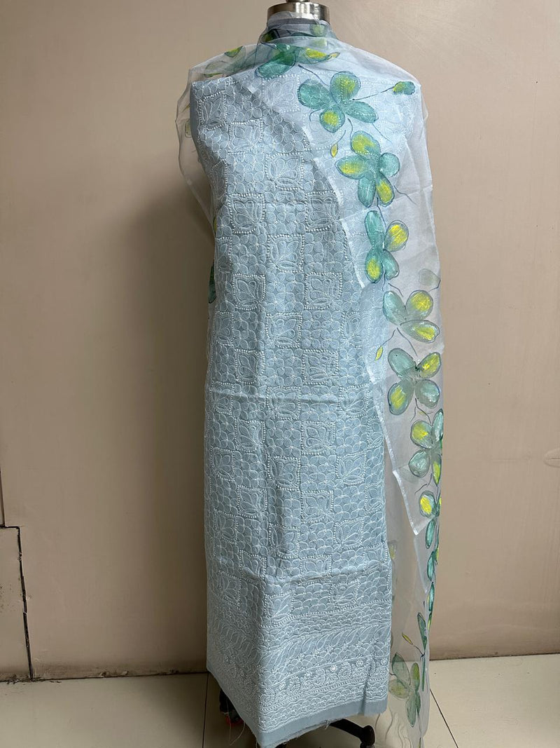 Pure Cotton Chikankari Unstitched Suit with Kota Doria Hand Painted Dupatta | NO BOTTOM|