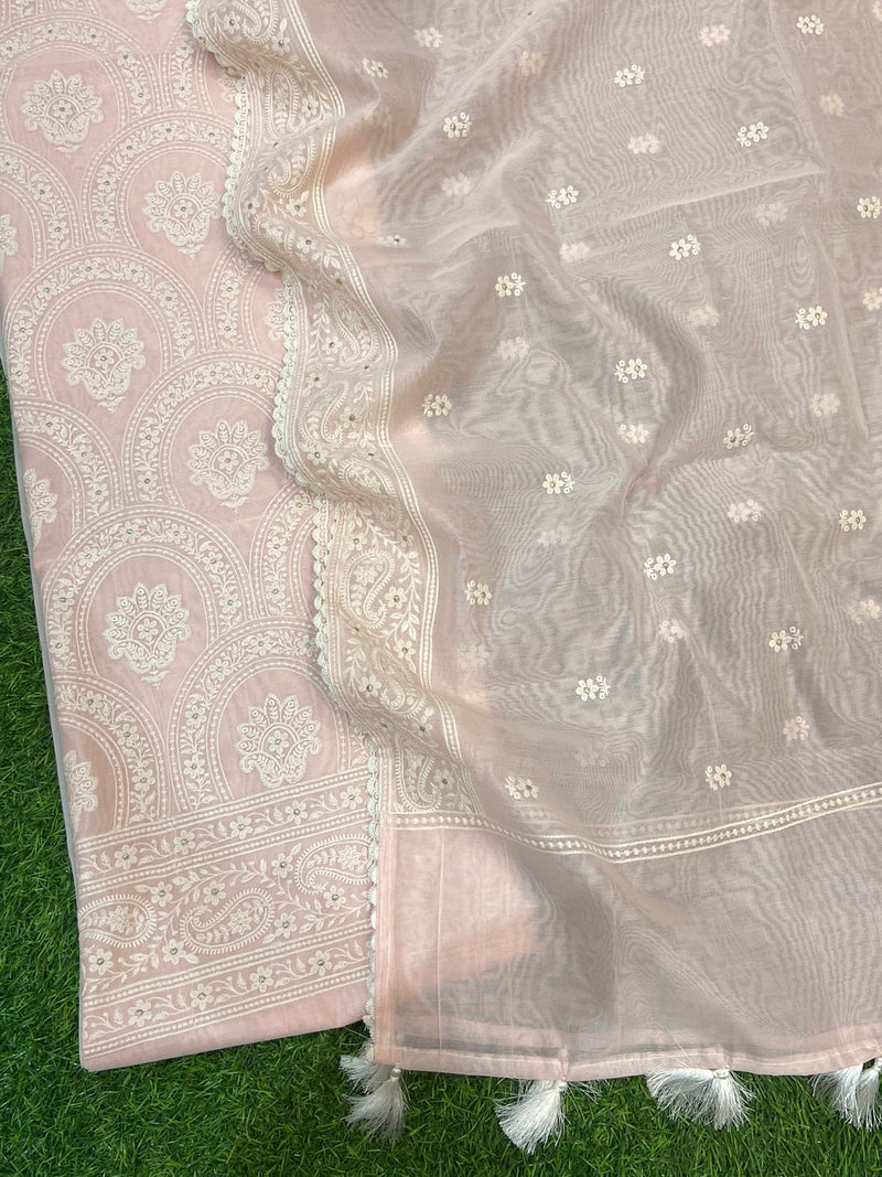 Pure Banarasi Chanderi Silk Chikankari Work Unstitched Suit