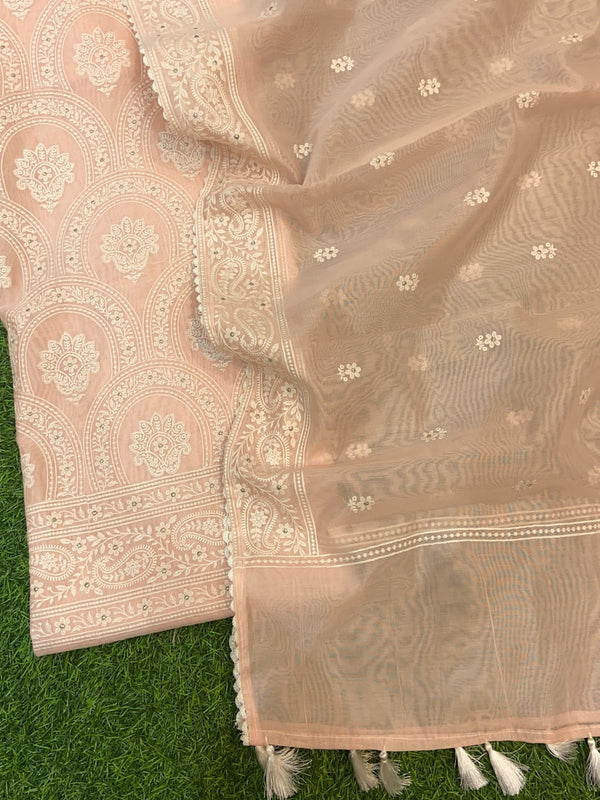 Pure Banarasi Chanderi Silk Chikankari Work Unstitched Suit