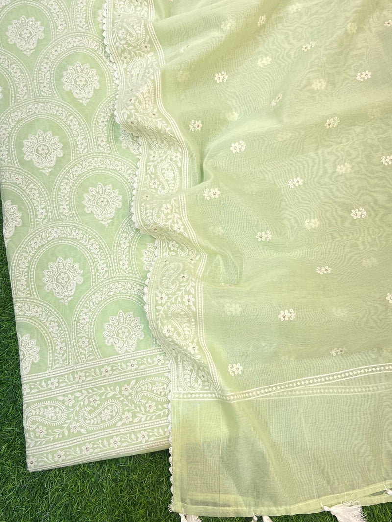 Pure Banarasi Chanderi Silk Chikankari Work Unstitched Suit