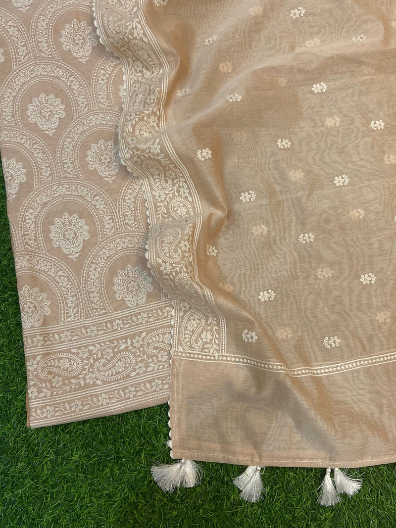 Pure Banarasi Chanderi Silk Chikankari Work Unstitched Suit