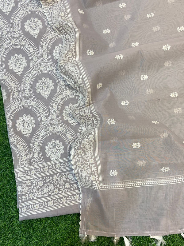 Pure Banarasi Chanderi Silk Chikankari Work Unstitched Suit