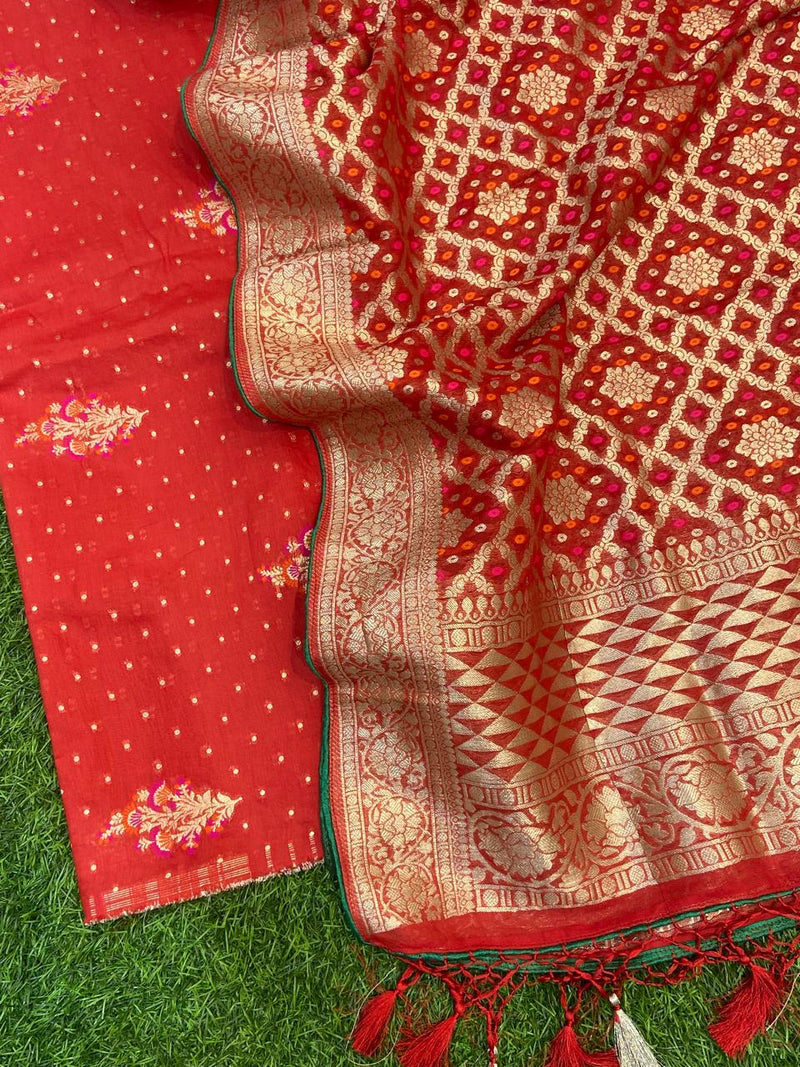 Pure Banarasi Chanderi Silk Bandhej Work Unstitched Suit