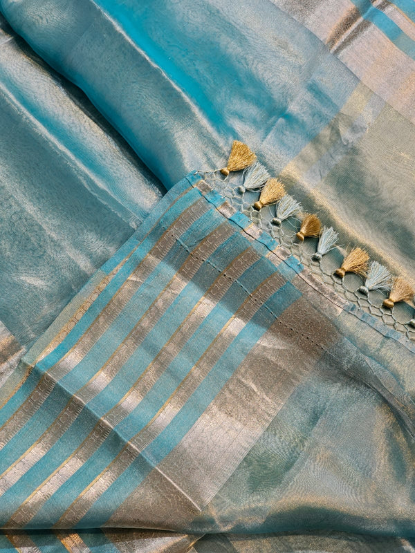 Pure organza double tissue saree with katan silk border and blouse with special tassels