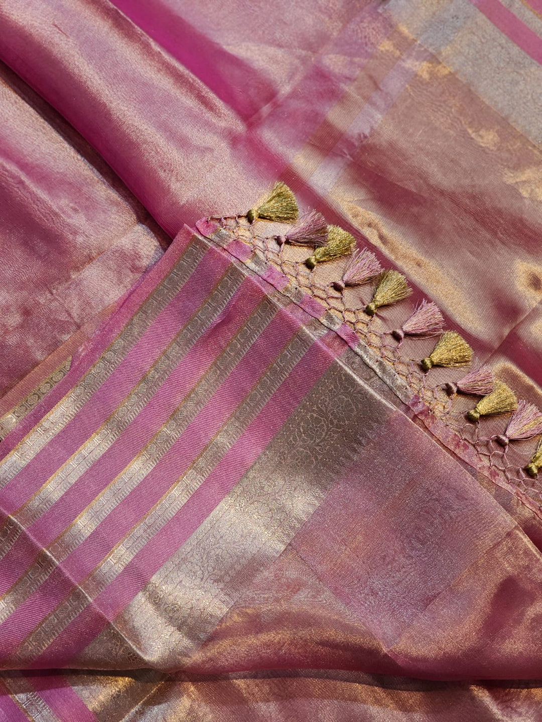 Pure organza double tissue saree with katan silk border and blouse with special tassels