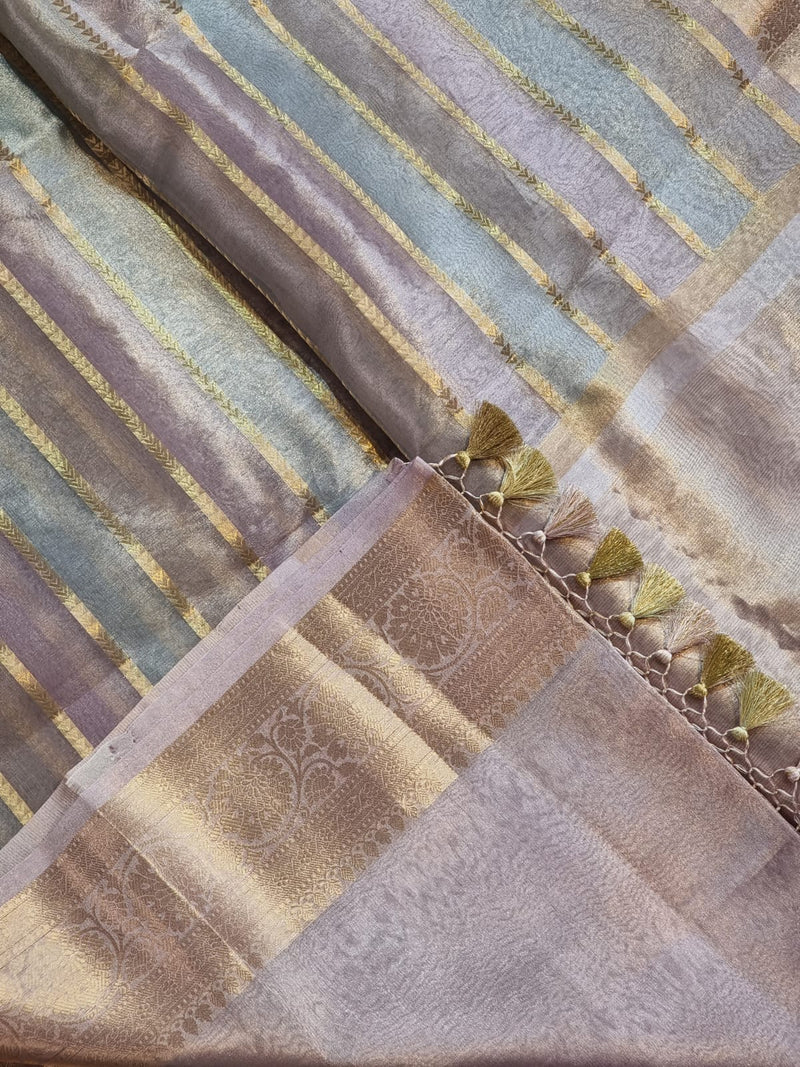 Handwoven Pure Tissue Organza Silk Banarasi Border & Stripes Saree with blouse and special tassels