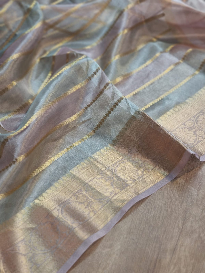 Handwoven Pure Tissue Organza Silk Banarasi Border & Stripes Saree with blouse and special tassels