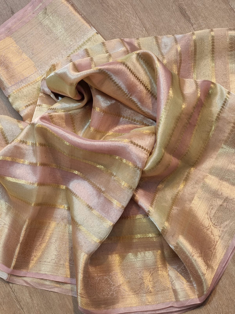 Handwoven Pure Tissue Organza Silk Banarasi Border & Stripes Saree with blouse and special tassels