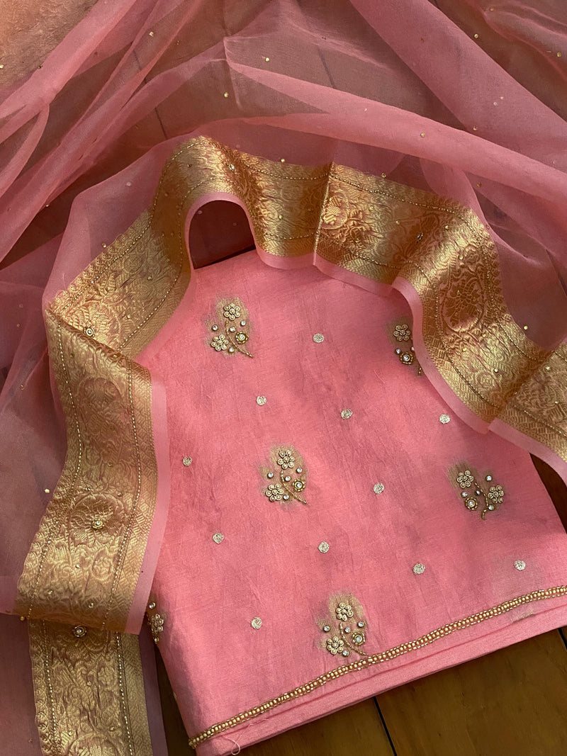 Pure Banarasi Chanderi Zari Weaved Unstitched Suit with Organza Dupatta and Zardosi work