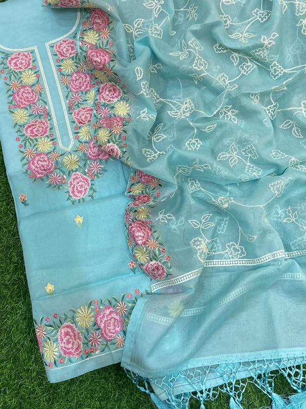 Pure Banarasi Organaza Neck and Daman Work Unstitched Suit