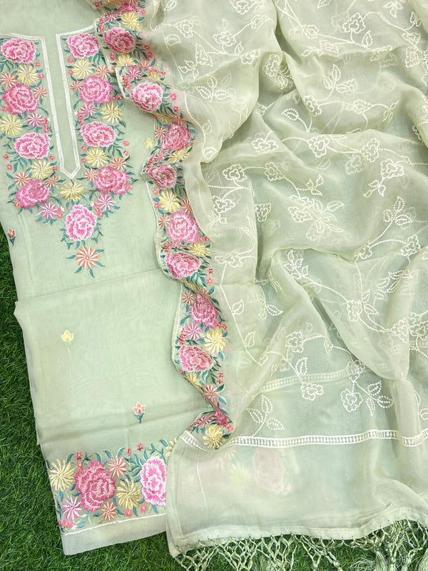 Pure Banarasi Organaza Neck and Daman Work Unstitched Suit