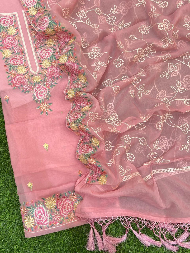 Pure Banarasi Organaza Neck and Daman Work Unstitched Suit