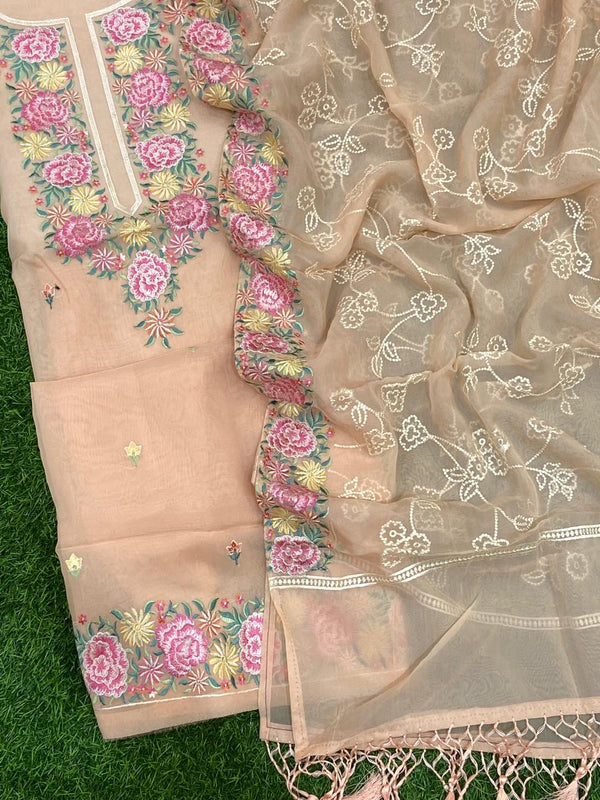 Pure Banarasi Organaza Neck and Daman Work Unstitched Suit