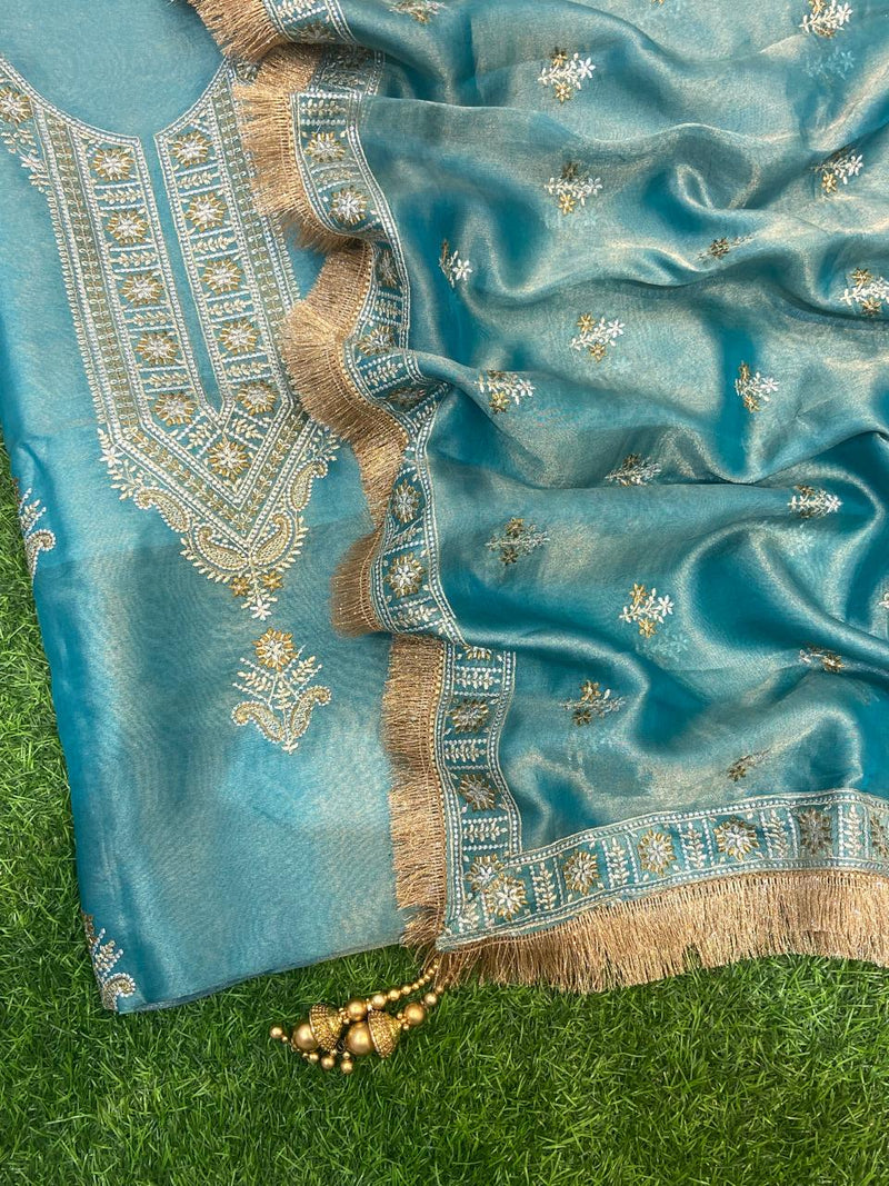 Pure Banarasi Kora Tissue Silk Unstitched Suit with beautiful Neck embeoidery | LIMITED EDITION |