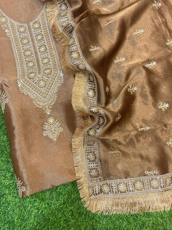 Pure Banarasi Kora Tissue Silk Unstitched Suit with beautiful Neck embeoidery | LIMITED EDITION |