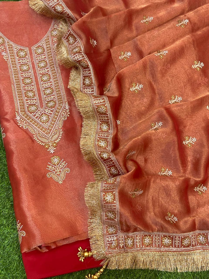 Pure Banarasi Kora Tissue Silk Unstitched Suit with beautiful Neck embeoidery | LIMITED EDITION |