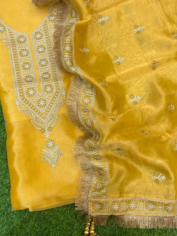 Pure Banarasi Kora Tissue Silk Unstitched Suit with beautiful Neck embeoidery | LIMITED EDITION |