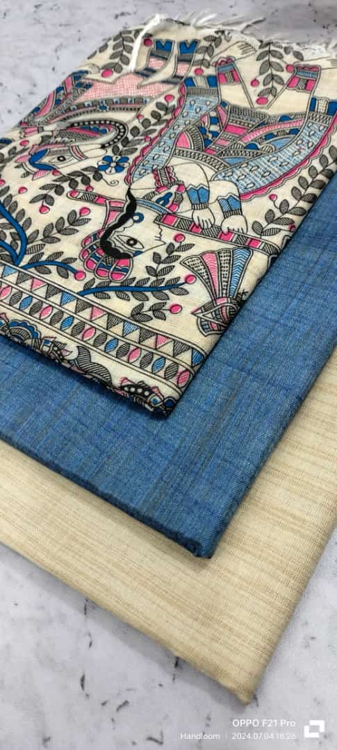 Dupion Slub Cotton Madhubani Print Unstitched Suits