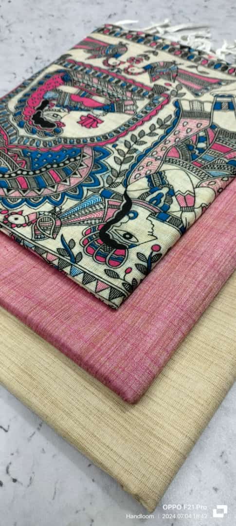 Dupion Slub Cotton Madhubani Print Unstitched Suits