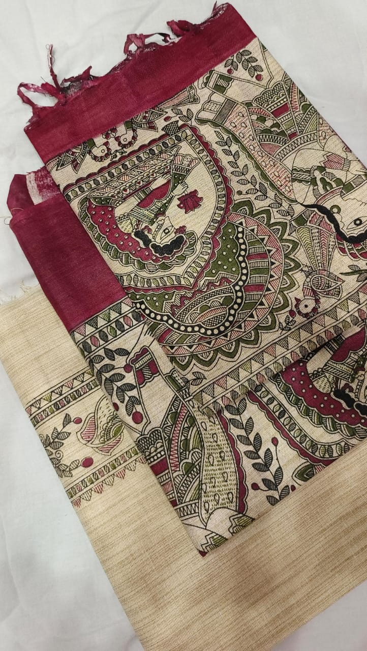 Dupion Slub Cotton Madhubani Print Unstitched Suits