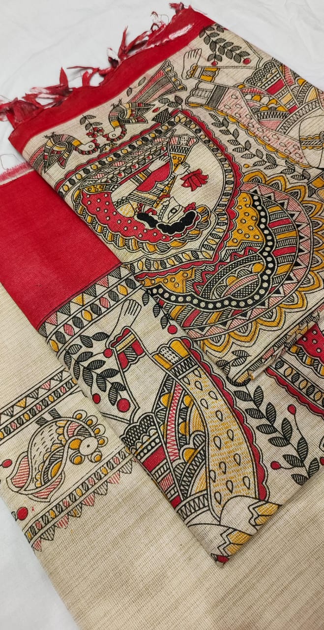 Dupion Slub Cotton Madhubani Print Unstitched Suits