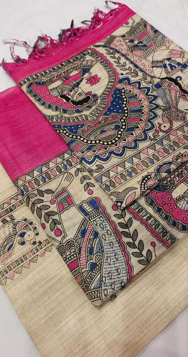 Dupion Slub Cotton Madhubani Print Unstitched Suits