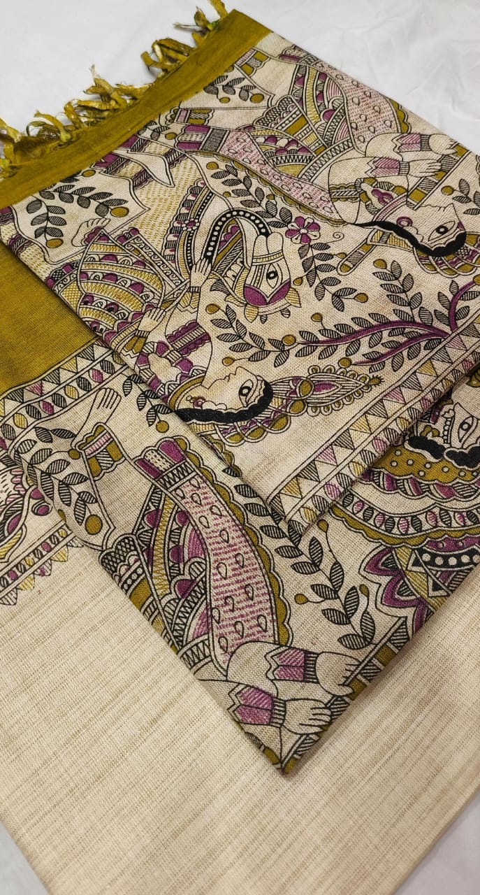 Dupion Slub Cotton Madhubani Print Unstitched Suits