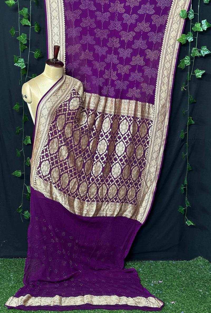 Pure Khaddi Chiffon Georgette with real metallic tested zari handwoven saree with full RAEE BANDHEJ WORK