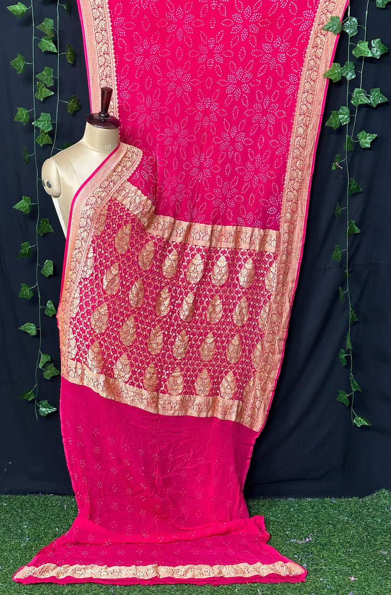 Pure Khaddi Chiffon Georgette with real metallic tested zari handwoven saree with full RAEE BANDHEJ WORK