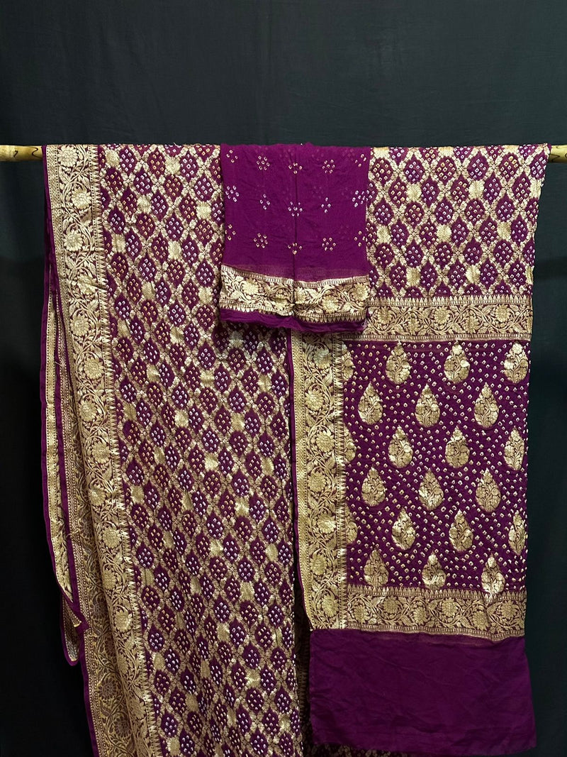 Pure Khaddi Chiffon Georgette with real metallic tested zari handwoven saree with full RAEE BANDHEJ WORK