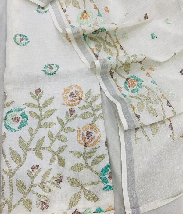 Pure Cotton Linen bhagalpuri Embroidered work Unstitched Suit