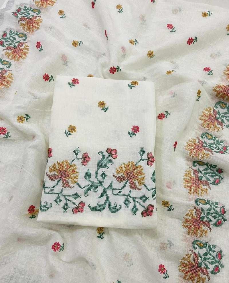 Pure Cotton Linen bhagalpuri Embroidered work Unstitched Suit