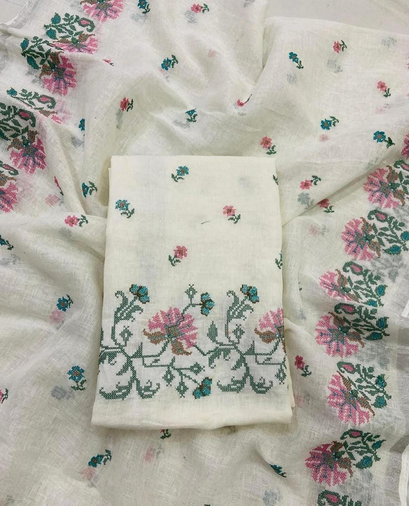 Pure Cotton Linen bhagalpuri Embroidered work Unstitched Suit