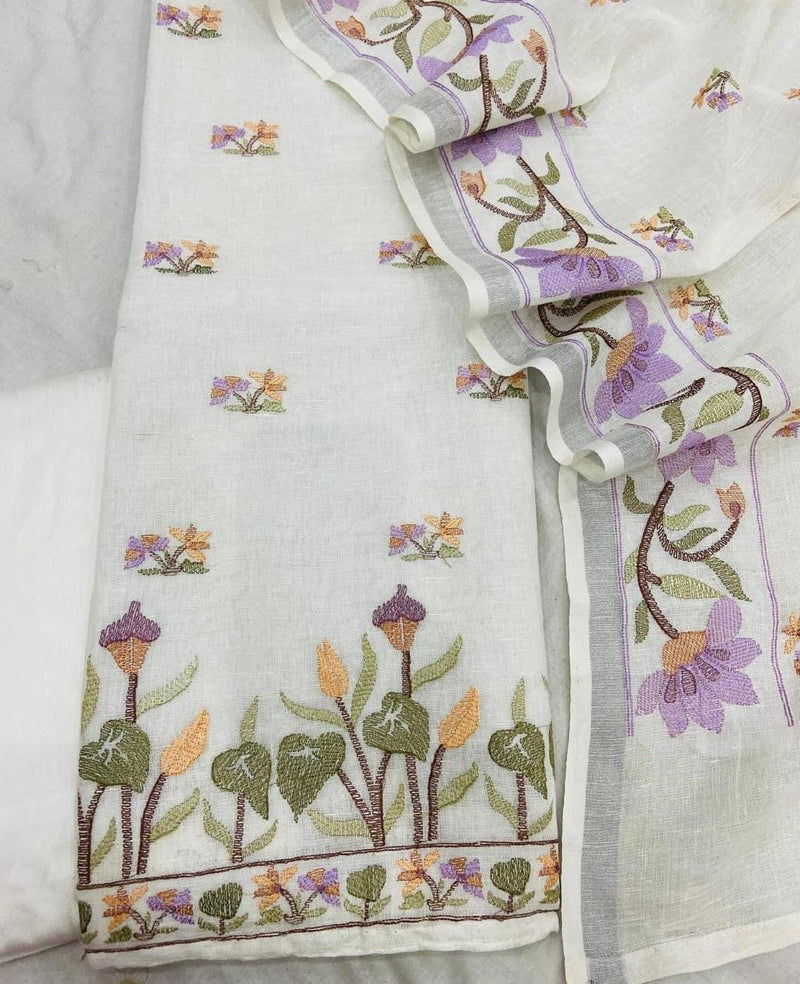 Pure Cotton Linen bhagalpuri Embroidered work Unstitched Suit