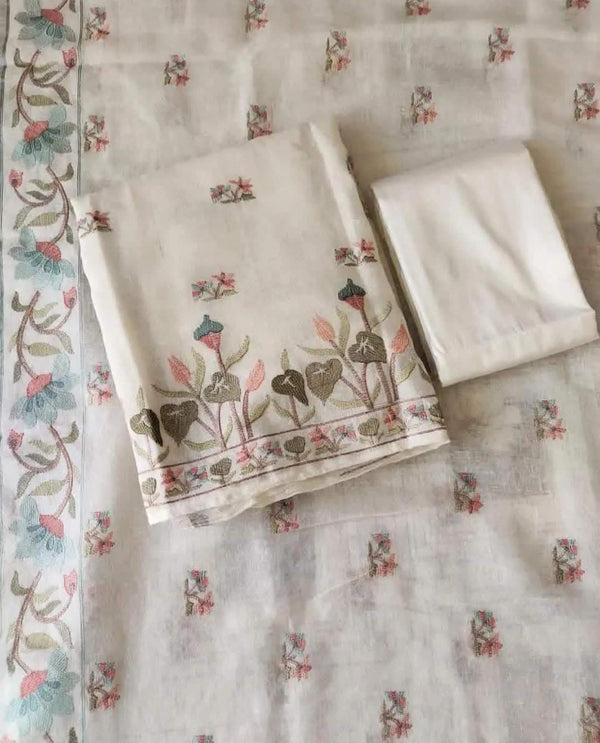 Pure Cotton Linen bhagalpuri Embroidered work Unstitched Suit