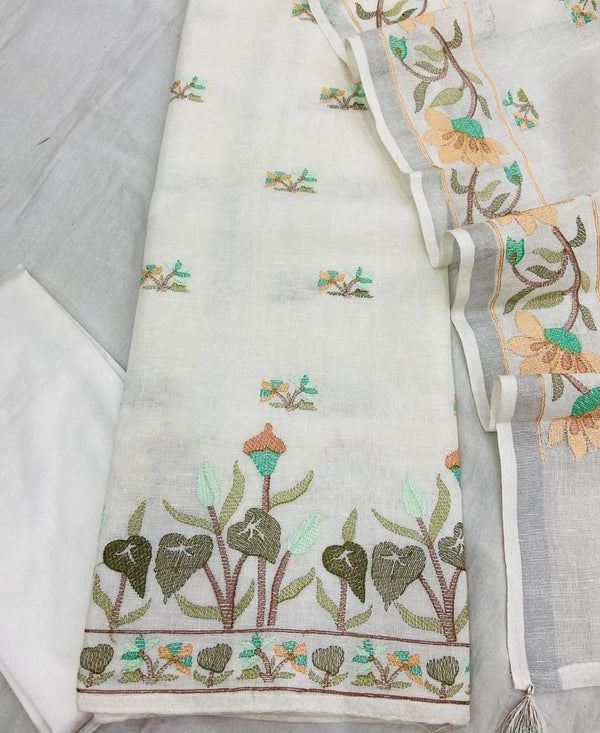 Pure Cotton Linen bhagalpuri Embroidered work Unstitched Suit