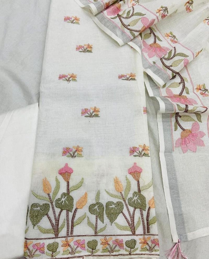 Pure Cotton Linen bhagalpuri Embroidered work Unstitched Suit