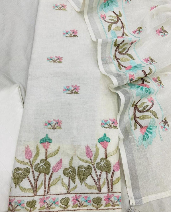 Pure Cotton Linen bhagalpuri Embroidered work Unstitched Suit