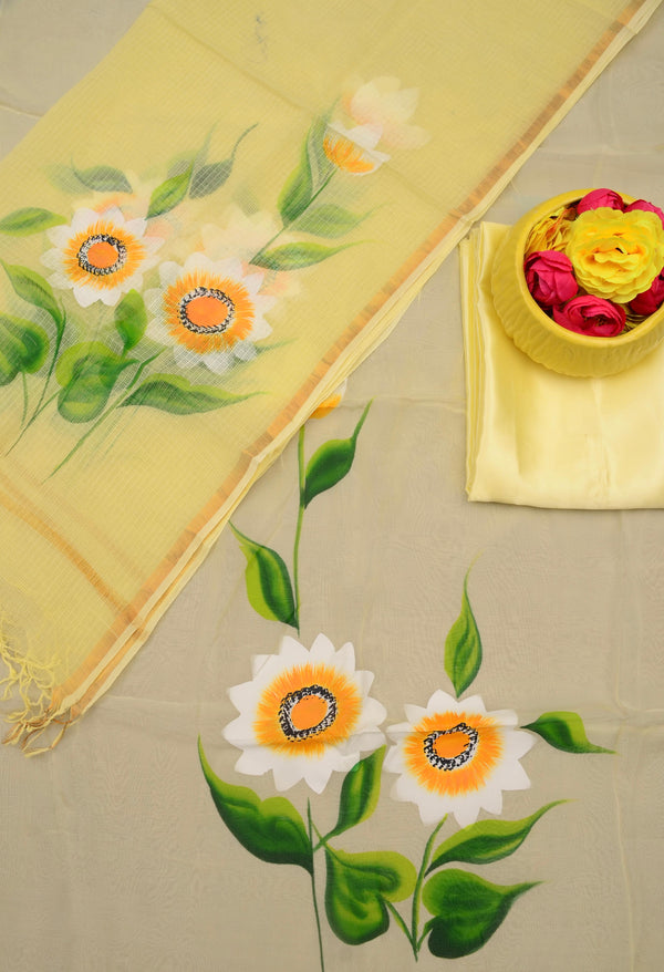 Organza Hand Brush Print Work 3pc Unstitched Suit with Kota Doria Dupatta |YELLOW|