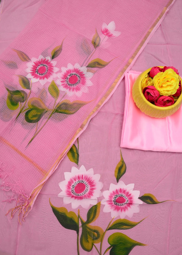 Organza Hand Brush Print Work 3pc Unstitched Suit with Kota Doria Dupatta |PINK|