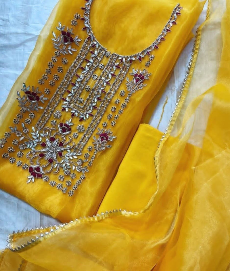 Organza Hand Work Unstitched Suit with 9gm shantoon bottom