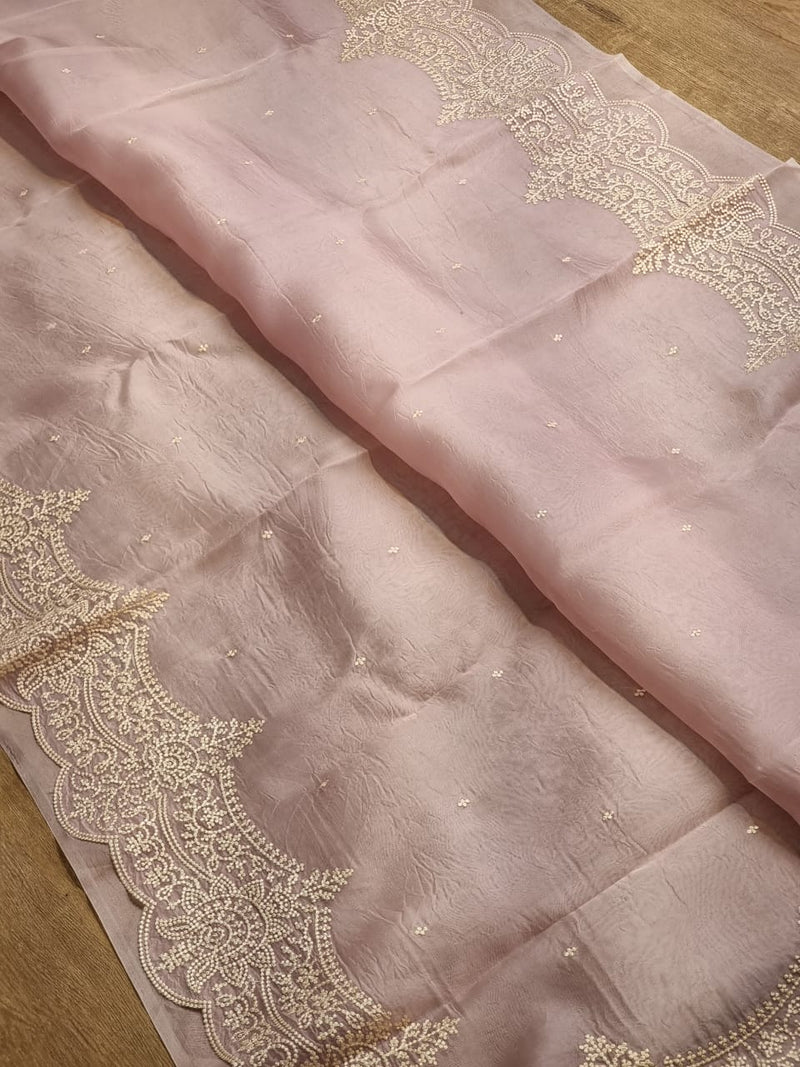 Pure Organza Silk Saree With Pearl Border