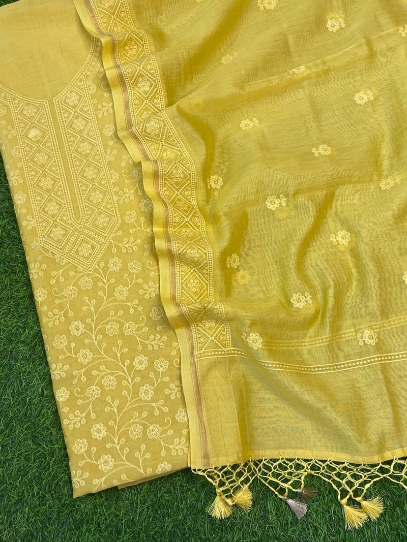 Pure Banarasi Chanderi Silk Unstitched Suit with Beautiful Neck Embroidery