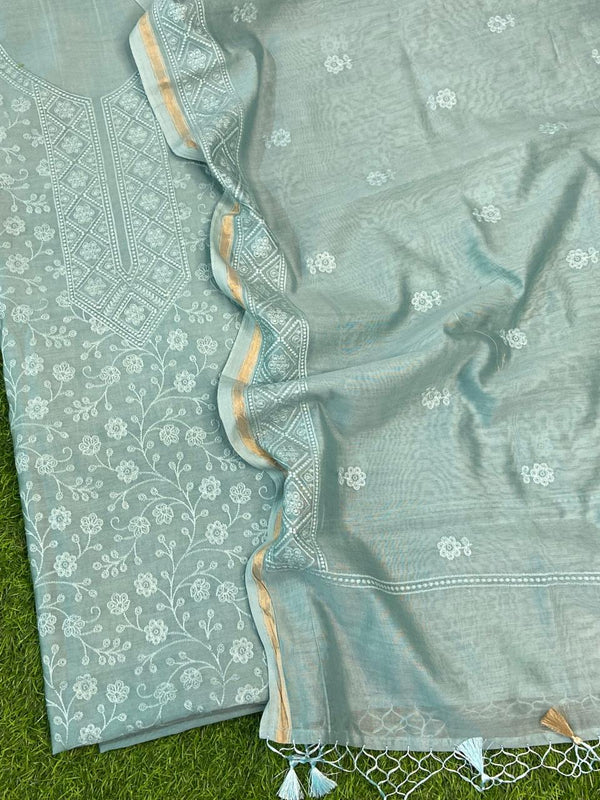 Pure Banarasi Chanderi Silk Unstitched Suit with Beautiful Neck Embroidery