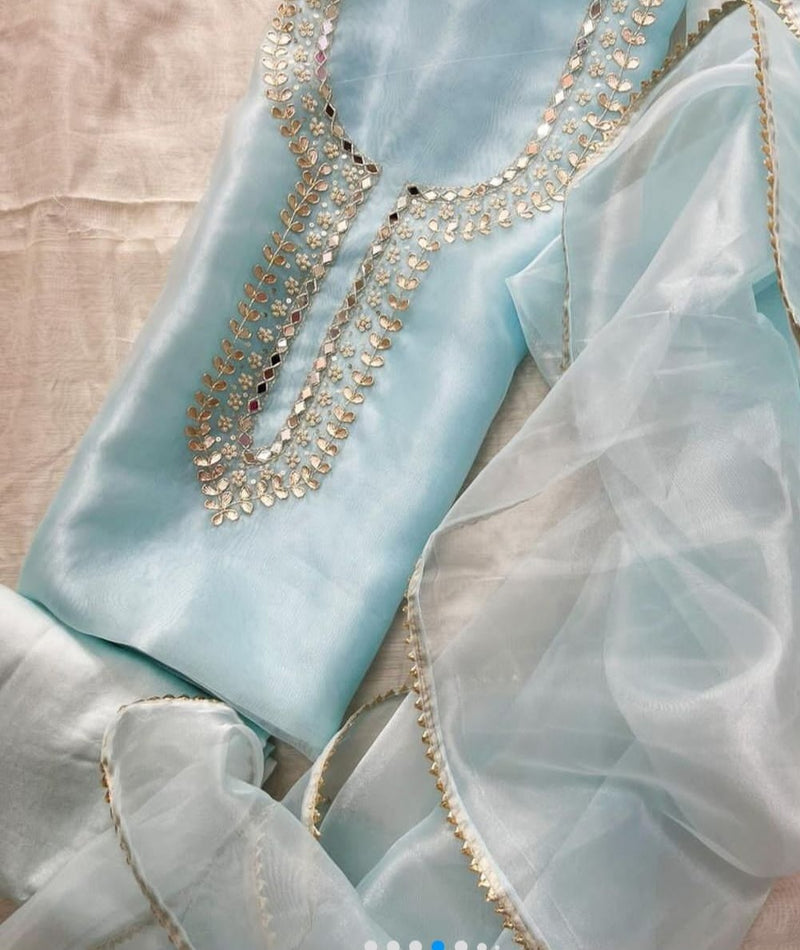 Organza Hand Work Unstitched Suit with 9gm shantoon bottom