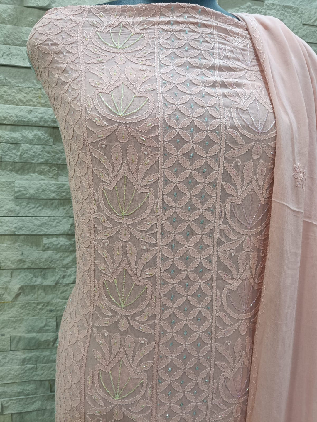 Viscose Georgette unstitched 2 pcs suit set with finest quality intricate chikankari hand embroidery with pearl cutdana work