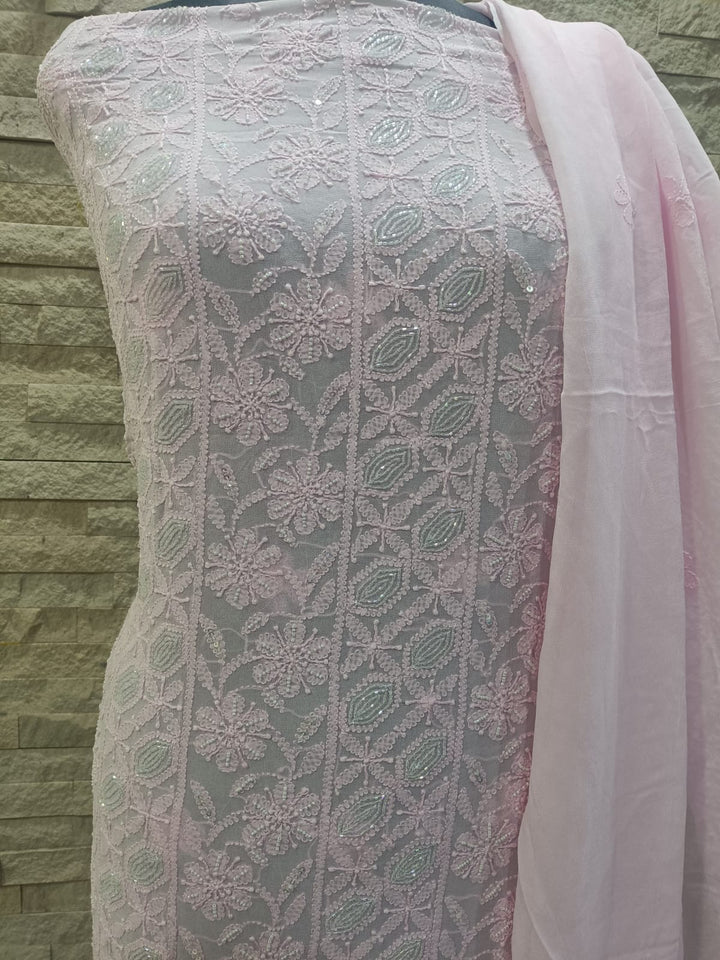 Viscose Georgette unstitched 2 pcs suit set with chikankari and pearl cutdana work