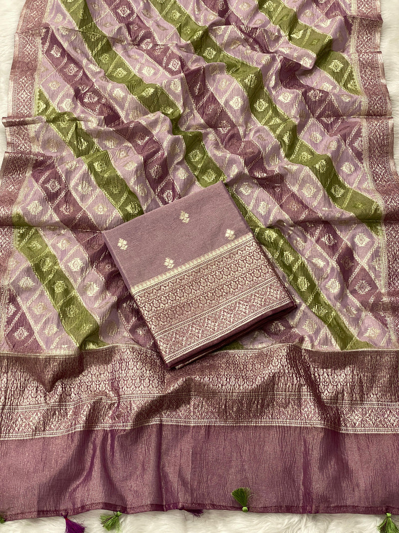 Pure Banarasi Tissue Silk Zari weaved unstitched suit with tissue crushed Dupatta